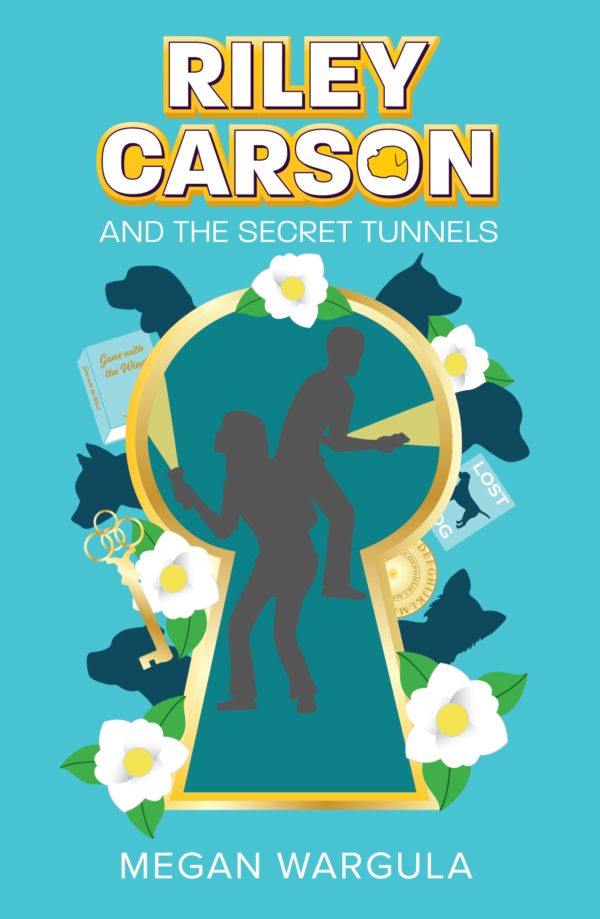 Picture of the middle school book, Riley Carson and the Secret Caves, a mystery/adventure with dogs. Inside a keyhole are silhouettes of a boy and a girl with flashlights in hand as they search for something. Surrounding the keyhole are silhouettes of various types of dogs, magnolia flowers, a copy of Gone with the Wind, a lost dog poster, a key, and a bronze disk.