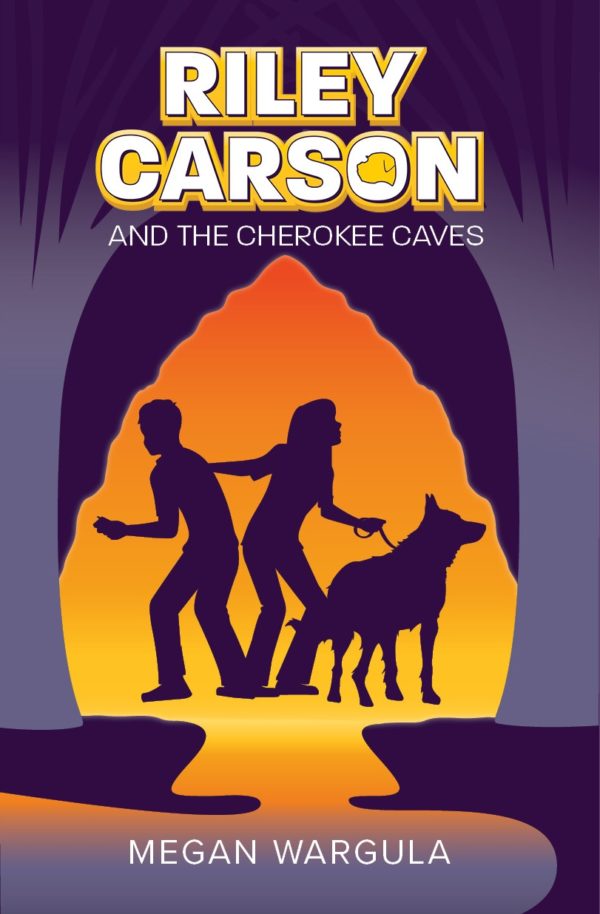 A picture of book #1 in the Riley Carson middle grade mystery/adventure series, Riley Carson and the Cherokee Caves. Silhouettes of a boy and girl and German Shepherd dog in the opening of a cave shaped like an arrowhead, glowing from within.